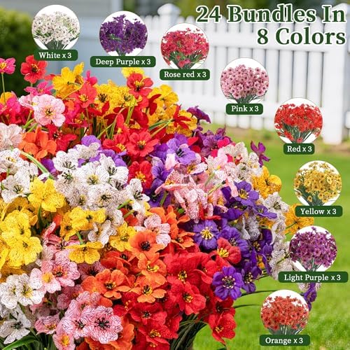 24 Bundles Artificial Flowers for Outdoors/Indoors, Fake Flowers Plants for Indoor Outside Garden Porch Window Box Home Wedding Farmhouse(8 Color) - Image 3