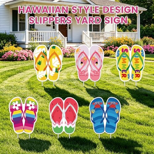 6 PCS Summer Slippers Yard Signs Outdoor Lawn Decorations with 12 Stakes Waterproof Corrugated Plastic Stake Signs for Patio Walkway Garden Summer Party Decor - Image 5