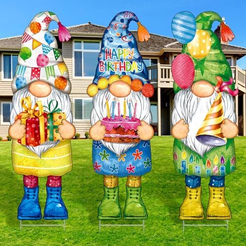 Umigy 3 Pcs 32 x 10 Inch Happy Birthday Yard Decor Outdoor Gnome Sign with Stakes Gift Boxes Cake Balloon Gnome Garden Sign Outdoor Yard Decor for Birthday Party Lawn Decorations by Umigy