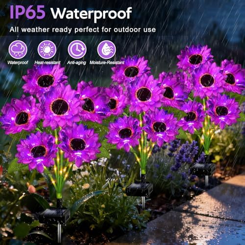 Solar Sunflower Lights Outdoor Garden Decor, 6 Pack Solar Purple Flowers Lights with 18 Sunflowers, Waterproof Fall Decor Stake Decorative Light Auto ON/Off for Garden Yard Patio, Gift for Women - Image 4