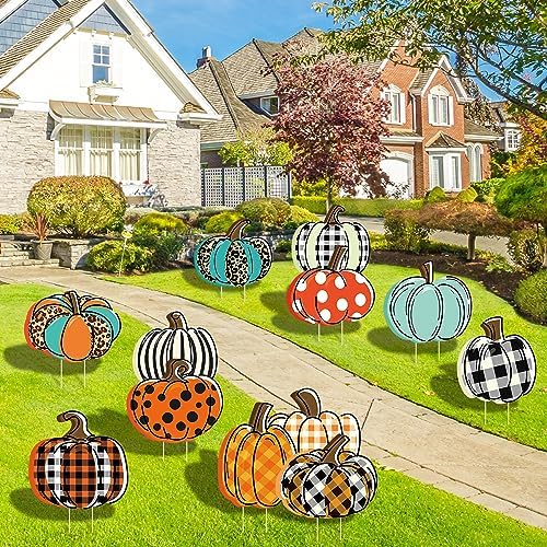 Quera 12Pcs Fall Yard Signs Plaid Pumpkin Yard Stakes Thanksgiving Outdoor Decoration Fall Harvest Autumn Yard Decorations Halloween Home Farmhouse Garden Wall Street Driveway Ornaments - Image 6