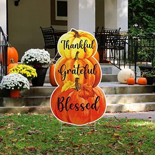 Spiareal Fall Outdoor Decorations Thanksgiving Pumpkins Yard Stake 3 Stacked Pumpkins Yard Sign 27 Inch Thankful Grateful Blessed Rustic Fall Harvest Outdoor Pumpkin Decor for Garden Lawn Decoration by Spiareal