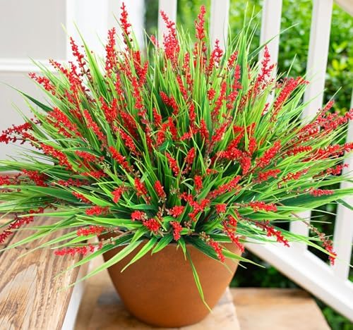 HyeFlora Artificial Fake Flowers Outdoor Plants for Summer Decoration,10 Bundles Faux Plastic Tall Monkey Grass Greenery UV Resistant Realistic Lavender for Home Planter Window Porch Garden-Red - Image 2