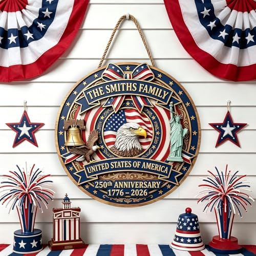 Farmhouse Vintage 250th Patriotic Wood Sign Eagle Flag Round Door Decor - Image 4