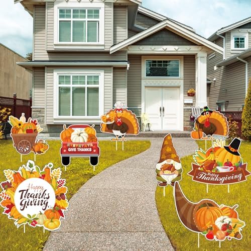 Thanksgiving Yard Signs 8pc with Stakes Happy Thanksgiving Outdoor Decorations Turkey Pumpkins Harvest Garden Wall Porch Signs Seasonal Holiday Party Supplies Lawn Yard Decorations - Image 4