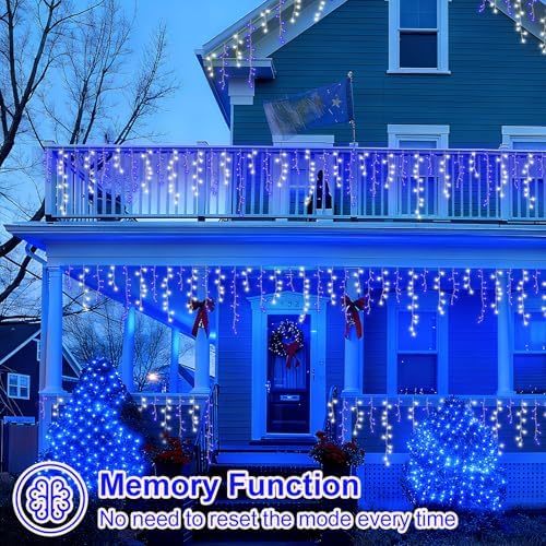 YEGUO 33ft 400 LED Blue and White Icicle Lights Outdoor Waterproof, 80 Drops Icicle String Lights Connectable, 8 Modes Icicle Christmas Lights with Memory Timer - Image 5