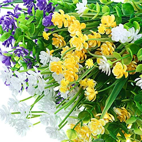 WILLBOND 12 Bundles Artificial Flowers Outdoor, UV Resistant Faux Artificial Plants Shrubs Plastic Flower Bulk for Hanging Planter Porch Window Home Spring Summer Decor(Yellow, Purple, White) - Image 3