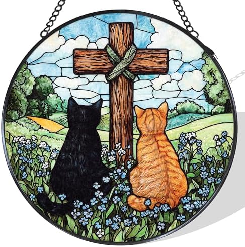 Cat Cross Stained Glass Window Hanging Suncatcher Gifts for Women, Christian Forget Me Not Sun Catcher Indoor Window Decor, Rustic Cats Painted Glass Wall Hanging Decorations 7.8x7.8 in by Unknown