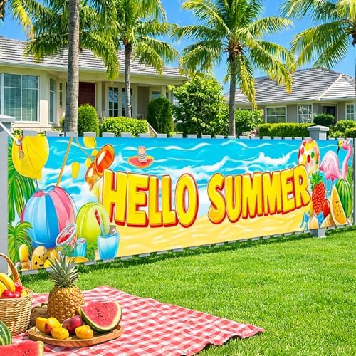 HOMETITUTE Hello Summer Outdoor Banner 10x3FT Large Beach Theme Backyard Party Decoration Tropical Pool Party BBQ Patio Garden Welcome Summer Indoor Outdoor Celebration Display - Image 2