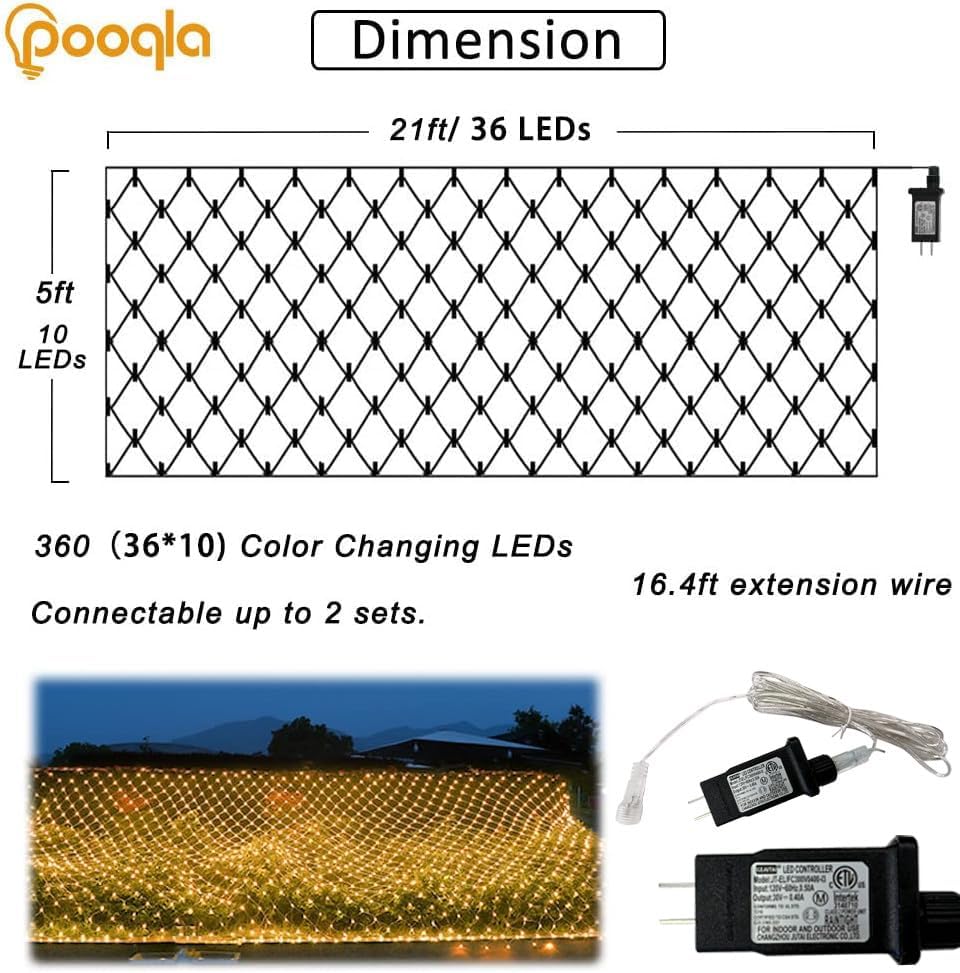 Pooqla Warm White Net Lights, 21x 5ft Christmas Lights Outdoor Clear Wire - Image 4