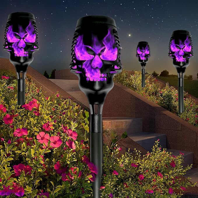 Halloween Solar Skull Stake Lights, Pathway Decor, 4 Pc, Purple - Image 6