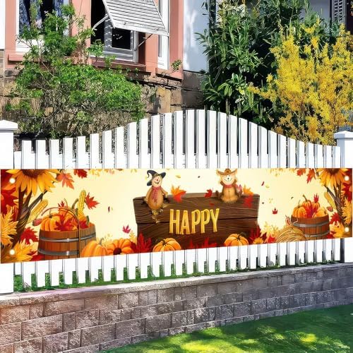 BlissYard Happy Fall Thanksgiving Banner 118 x 20 inchs Autumn Scarecrow Pumpkin Yard Decor Thanksgiving Autumn Sunflower Outdoor Decorations Banner for Wall, Fence, Yard - Image 5