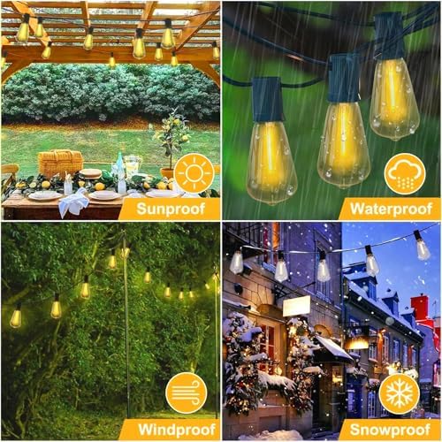 Outdoor LED String Lights with 100 Feet 52 Edison Plastic Bulbs(2 Spare), Waterproof Hanging Lights for Patio Backyard Porch Balcony Party Christmas Decoration - Image 6