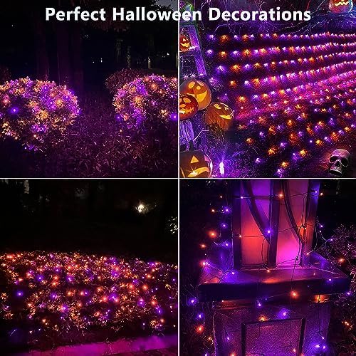 HISHINY Halloween Lights Outdoor,100LED 5ftx5ft Net Lights with Connectable, Waterproof,UL Certified and Durable Green Wire Design for Bushes,Trees,Halloween Decorations Outdoor(Purple&Orange) - Image 2