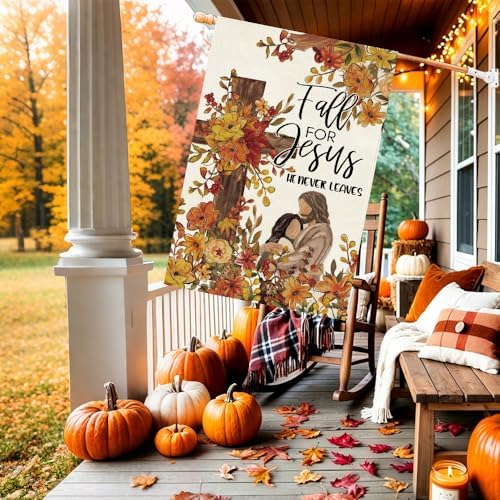 Baccessor Fall For Jesus He Never Leaves House Flag 28x40 Inch Double Sided,Thanksgiving Day Autumn Cardinal and Cross Outside Outdoor Seasonal Burlap Garden Flags Home Yard Porch Patio Decoration - Image 2