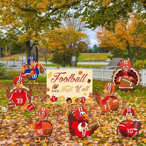 Whaline 8 Pcs Fall Football Turkey Yard Sign with Stakes Thanksgiving Turkey Theme Lawn Sign Sports Game Yard Decorations for Outdoor Autumn Party Lawn Garden Supplies - Image 6