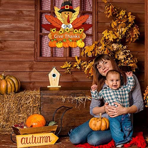 Thanksgiving Turkey Door Sign Decor, Wooden Wreath for Front Door Hanger, Yard Farmhouse Home Gobble Sign Give Thanks, Rustic Autumn Harvest Sunflowers Pumpkins Thanksgiving Party Decorations - Image 7