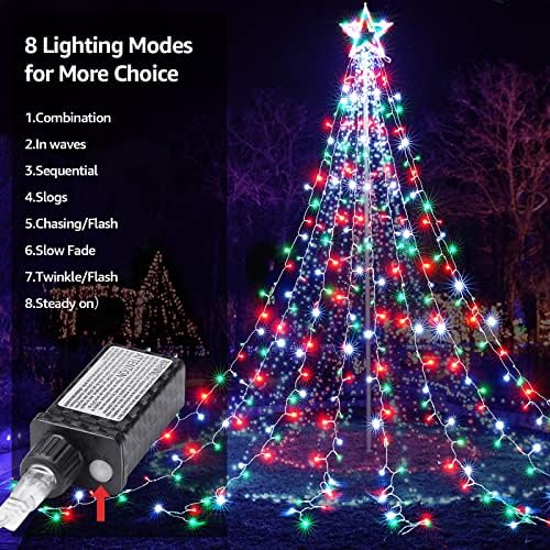 BlcTec Outdoor Christmas Lights 344 LED Christmas Star Lights with 9 Strands 11.9ft Waterfall Tree Lights, 8 Modes, Waterproof & Timer for Garden Yard Patio Outdoor Xmas Decorations，Red Green White - Image 2