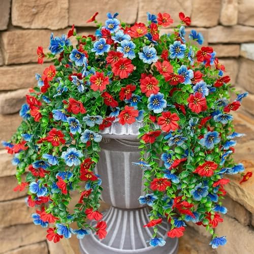 HyeFlora Faux Flowers for Outdoors Decoration, 2Pcs Artificial Fake Hanging Spring Summer Decor, Red and Blue Realistic Plants, UV & Fading Resistant Silk Flower for Porch Patio Balcony Planter Yard by HyeFloraartificialflowers