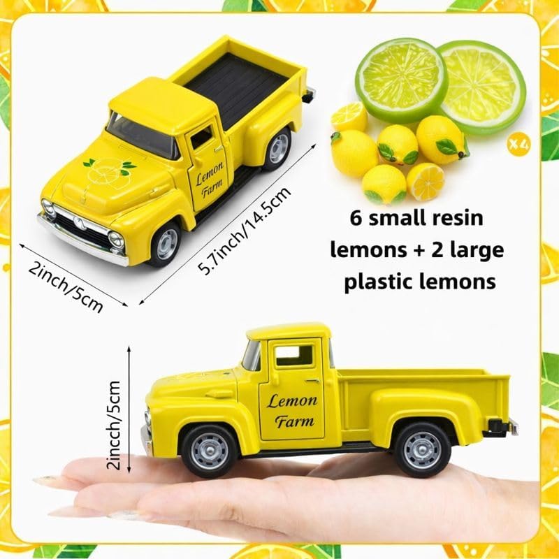Lemon Farm Truck Decor with 8 Faux Lemons, 5.7 Inch Vintage Yellow Metal Pickup Truck, Spring Summer Farmhouse Kitchen Tabletop Tiered Tray Shelf Mantel Centerpiece Home Decoration,1Set - Image 3