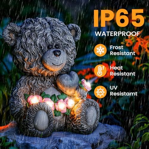 YDKOJGW Solar Garden Outdoor Statues Bear with Heart and Pink Flower and 5 LED Lights-Lawn Decor Bear Statue for Patio, Balcony, Yard Ornament-Unique Housewarming Gifts for Mom, Women - Image 3