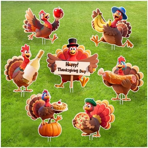 Thanksgiving Outdoor Yard Decorations, 7PCS Turkey Outdoor Yard Decor with Stakes, Fall Harvest Party Decorative Signs, Waterproof Lawn Yard Garden Sign for Thanksgiving Party Decoration by Unknown