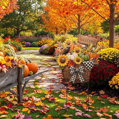 Amyhill Fall Outdoor Decor, Pumpkin Metal Garden Stakes 25 Inch Autumn Sunflowers Basket Welcome Yard Signs Rustic Fall Decorations for Outdoor Harvest Welcome Decorative Patio Lawn Walkway Decor - Image 5