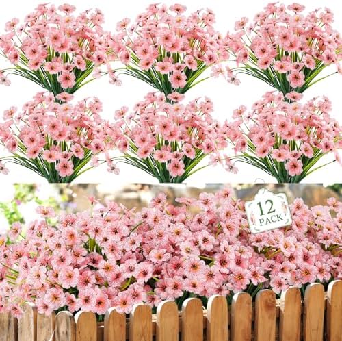 12 Bundles Pink Artificial Flowers for Outdoors, UV Resistant Faux Plants by MACTING