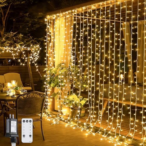 JMEXSUSS 300 LED Remote Control Curtain Lights, Plug in Fairy Curtain Lights Outdoor, Window Wall Hanging String Lights for Bedroom Indoor Dorm Backdrop Wedding Party Patio Christmas Decor, Warm White by JMEXSUSS