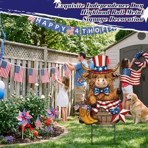 Amyhill 4th of July Highland Cow Outdoor Decor Patriotic Star Metal Garden Stakes Decorative Red White Blue Calf Lovers Yard Signs with Stakes for Independence Day Memorial Day Garden Lawn Decorations - Image 4