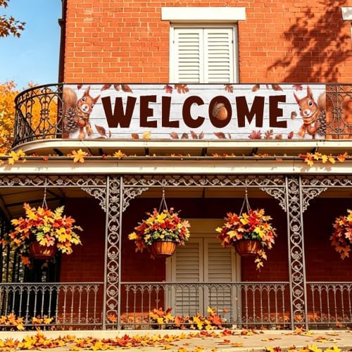 Welcome Fall Banner Happy Fall Yard Banner Squirrel Pinecones Outdoor Decor - Image 6