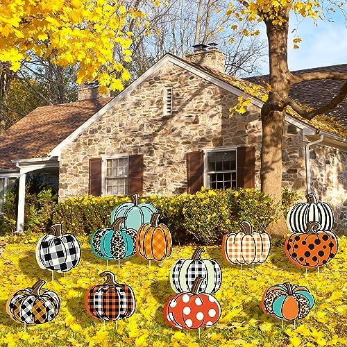 Quera 12Pcs Fall Yard Signs Plaid Pumpkin Yard Stakes Thanksgiving Outdoor Decoration Fall Harvest Autumn Yard Decorations Halloween Home Farmhouse Garden Wall Street Driveway Ornaments - Image 4