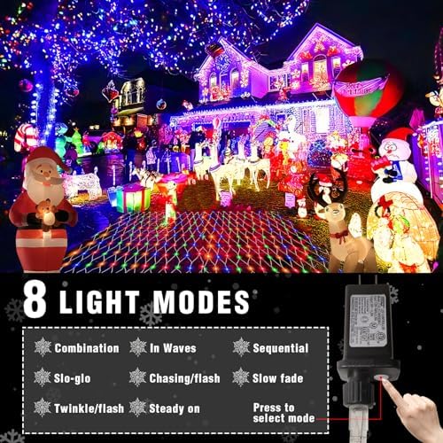 (Upgraded) Outdoor Christmas Lights, 360 LED Sturdy Christmas Net String Lights, 12x5Ft 8 Light Modes Christmas Decoration Lights for Backyards, Gardens, Bushes, Lawns, Patio, New Year - Multicolored - Image 4