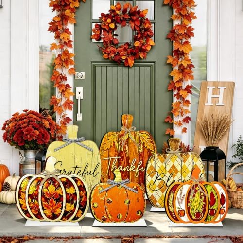 6Pcs Wood Fall Porch Standing Decor Pumpkin Sign with Base 8-15In - Image 7