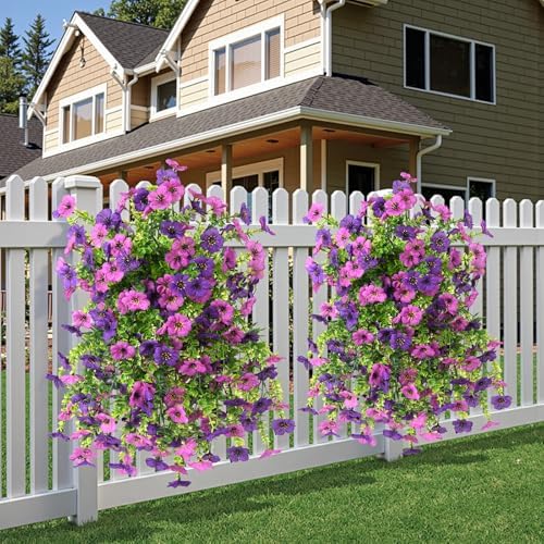 INQCMY Artificial Hanging Flowers with Basket for Spring Outdoor Decoration 3 Bunches of Silk Daisy Flower Uv Resistant for Garden Porch Patio Balcony Yard Decor (Purple1) - Image 5