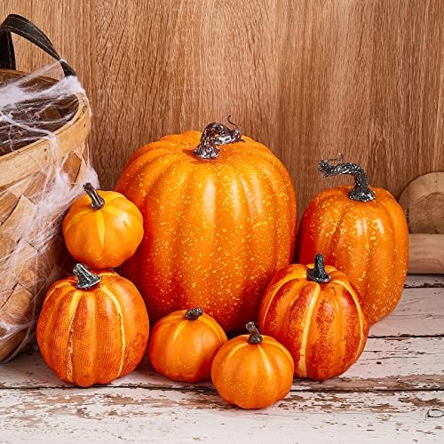 Halloween Autumn Harvest Festival 7 Artificial Pumpkins of Various Styles Decorate Rural Style Farmhouses Foam Pumpkins Thanksgiving Dinner Party Home Festival Autumn Decoration (Orange) - Image 2