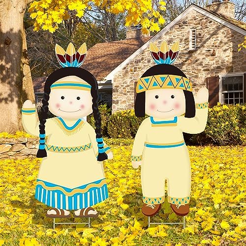 Thanksgiving Yard Signs Native American Boy and Girl Lawn Stakes Fall Weatherproof Outdoor Lawn Garden Decoration Party Supplies 6 Pieces Up to 73.5 cm / 29 in.​ - Image 6