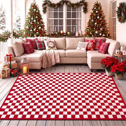 Duraaamo Red White Checkered Rug 3' x 5' for Christmas Outdoor Decor - Image 6