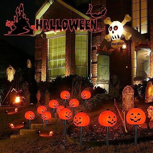 PASUTO 7Ft Halloween Pathway Lights Outdoor Pumpkin Stake Light with 4 Jack-O Lantern Pumpkin Lights and 4 Stakes, for Halloween Outdoor Walkway Pathway Driveway Garden Yard Lawn Light Decor - Image 4