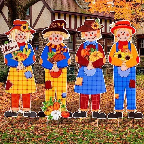 Sintuff 4 Pcs 31.5 x 11 Inch Fall Yard Signs Fall Outdoor Decorations Thanksgiving Scarecrow Yard Signs with Stakes Thanksgiving Garden Scarecrows for Outdoor Lawn Garden Autumn Welcome Decorations by Sintuff