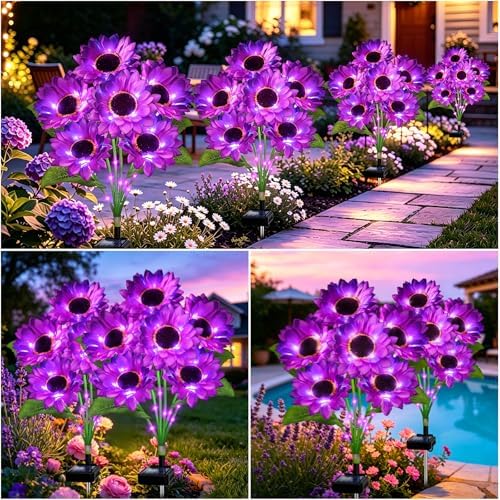 VOOKRY Solar Garden Lights Outdoor, 4 Pack Purple Sunflower Lights with 24 Flowers, Waterproof Summer Garden Decor Solar Flowers for Yard Backyard Patio Flowerbed Yard, Gift for Mom Women - Image 6