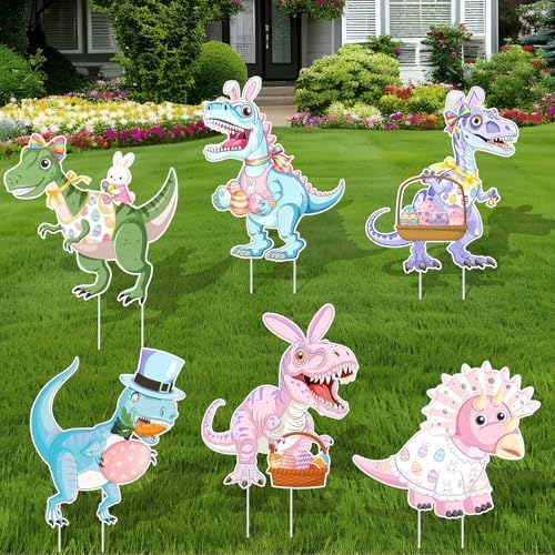 6PCS Easter Dinosaur Yard Signs with Stakes,Easter Dinosaur with Bunny and Egg Decoration for Holiday Celebration Decorations for Yard, Lawn and Patio by Fjoron