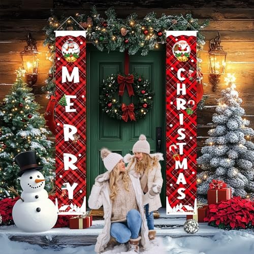 Christmas Porch Decorations Christmas Banner Red Buffalo Check Plaid Xmas Hanging Front Door Signs Outdoor Indoor Snowman Santa Wall Decor Xmas Party Decoration 12" x 72" - Image 3