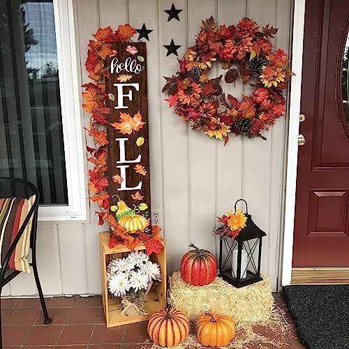 Hello Fall Welcome Sign for Front Porch Standing, Wooden Porch Sign with Leaves for Front Door Decorations, Rustic Farmhouse Hanging Wall Sign for Harvest Thanksgiving Decor 47.2"H - Image 5