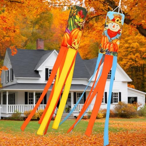 NOVWANG 2 Pcs Fall Windsocks, Scarecrows Pumpkins Wind Socks Autumn Windsocks Thanksgiving Outdoor Hanging Scarecrow Decorations for Home Farmhouse Garden Yard Decor by NOVWANG