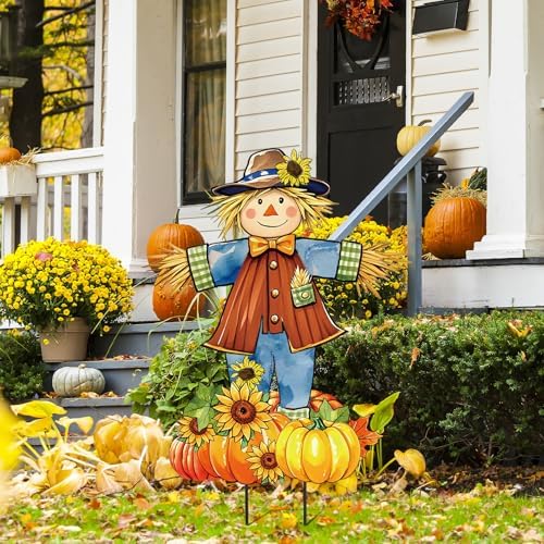 JarThenaAMCS 33" H Fall Large Scarecrow Metal Garden Stakes Rustic Pumpkin Pile Scarecrow Decorative Lawn Sign for Autumn Thanksgiving Home Outside Lawn Porch Decor - Image 3