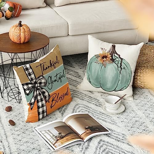 AVOIN colorlife Fall Pumpkin Home Sweet Home Throw Pillow Covers, 20 x 20 Inch Autumn Thankful Grateful Blessed Harvest Floral Decorations for Sofa Couch Set of 4, Blue - Image 3