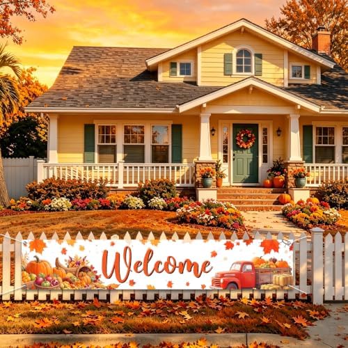Welcome Fall Banner Happy Fall Yard Banner Pumpkin Red Truck Outdoor Decor - Image 2