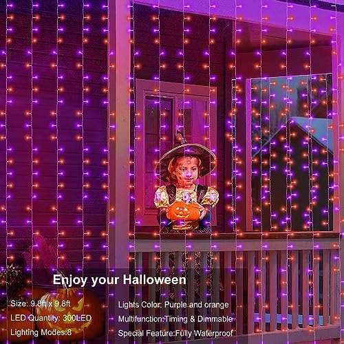 echosari Halloween Curtain Lights Battery Operated 300 LED Purple Orange - Image 3