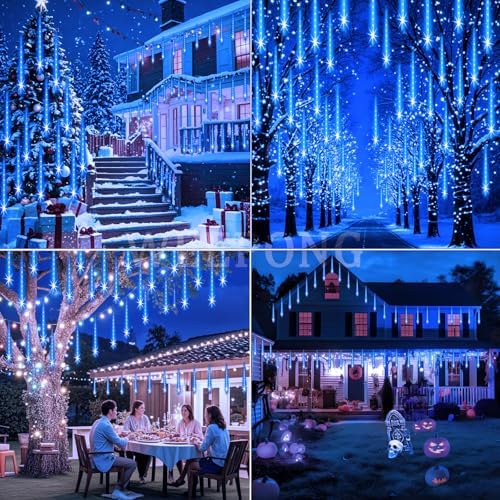 Weepong Meteor Shower Lights Outdoor Christmas Lights UL Certified Falling Rain Drop Snowfall Icicle Cascading String Light for Xmas Holiday Tree Wedding Party Garden Decor Blue, 12 Inch 8 Tubes - Image 2